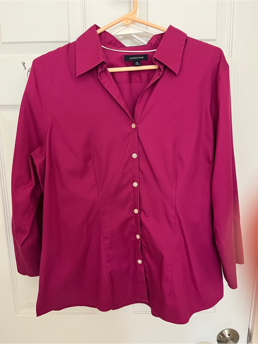 Lands End No Iron Pinpoint Oxford Button Down 3/4 sleeve blouse shirt